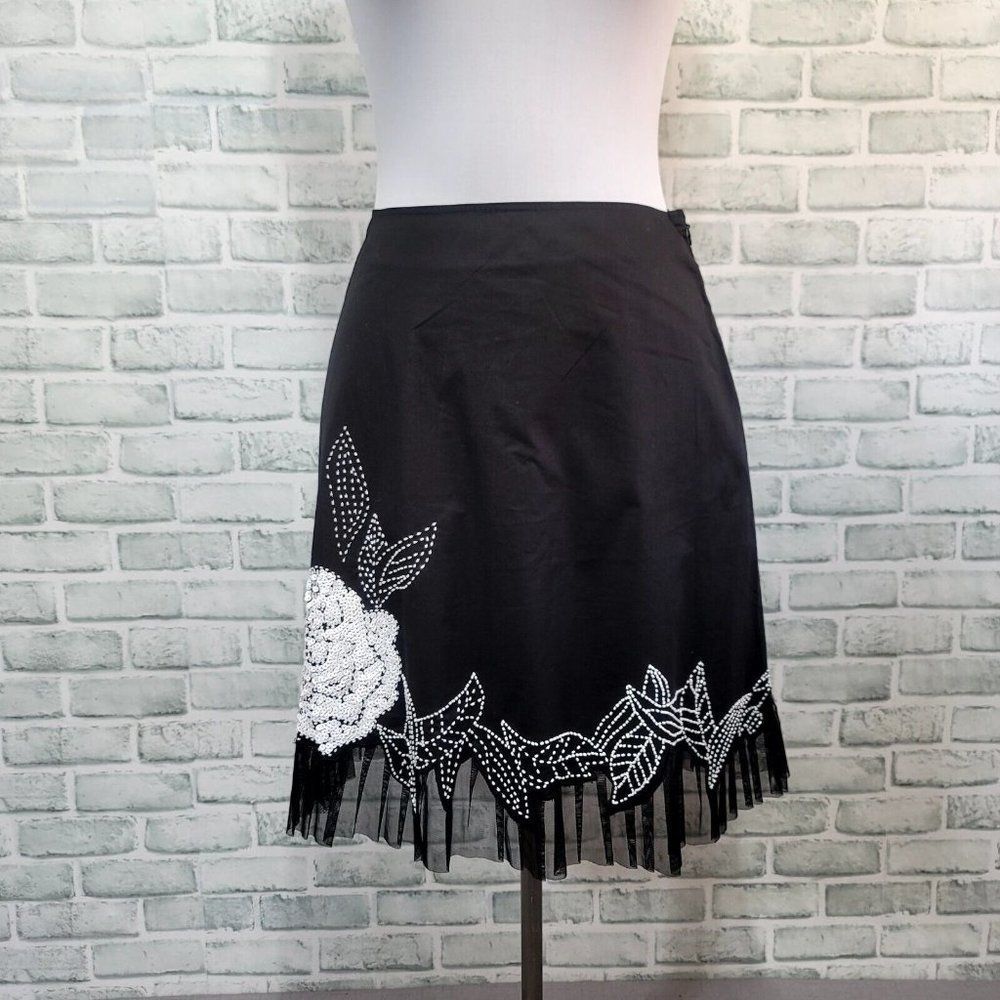 Vintage 90s‎ Cache Womens 6 Black Skirt Beaded Sequin Floral Tulle Trim Aline
